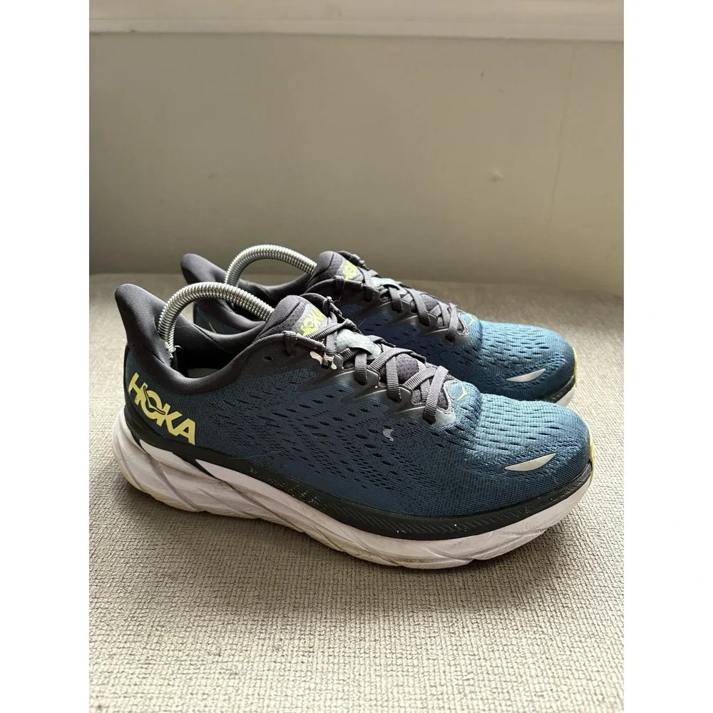 Hoka One One Shoes Mens US 8.5 EE Wide Clifton 8 Blue White Running Sneakers